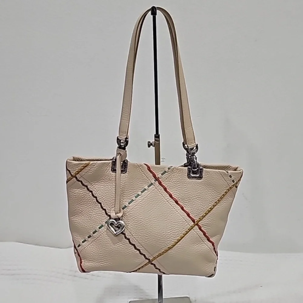 Brighton Purse Beige Leather Tote Double Strap Colorful Stitching - Picture 1 of 7